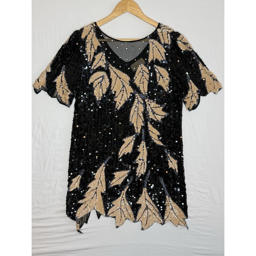 Vintage Cache Women's Black Sequin Beaded Silk Gold Leaf Dress Size S